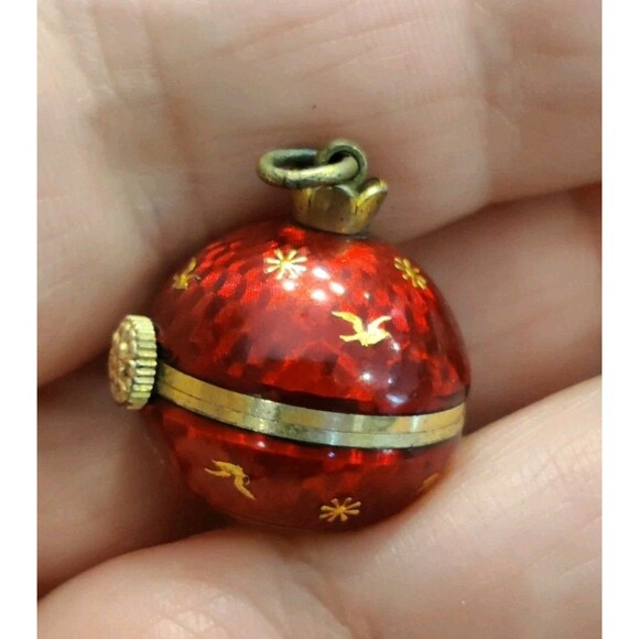 Atlanta Geneve Pendant Watch Swiss-made Orb Red Enamel Hand-painted Gold Birds - Picture 7 of 11